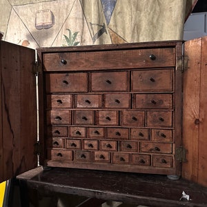 1940s Cabinet Apothecary Industrial Card Catalog Multi Drawer Folk Art Hardware