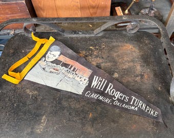 Vintage 1950s 1960s Will Rogers Turnpike Pennant - Claremore Oklahoma Souvenir - Mid Century Black Felt Banner Flag - Retro Road Trip Decor