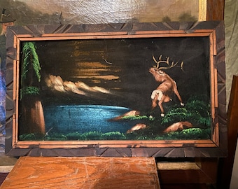 Vintage Deer Velvet Painting 1970s- Mexico Wooden Carved Frame Forest Cabin