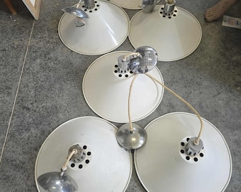 Lot of 6 1970s White Enamel Industrial UFO Saucer Pendant Light Atomic Age