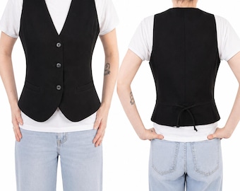 Vintage 80s Black Power Vest Womens Button Front Minimalist Waistcoat Small Medium