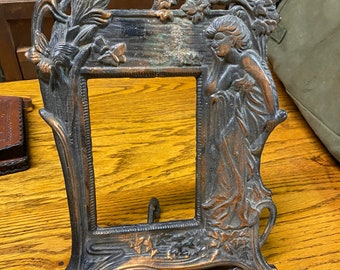 1920s Japan Finish Mirror/Picture Frame Statue Woman Figure Antique Art Nouveau Cast Pewter