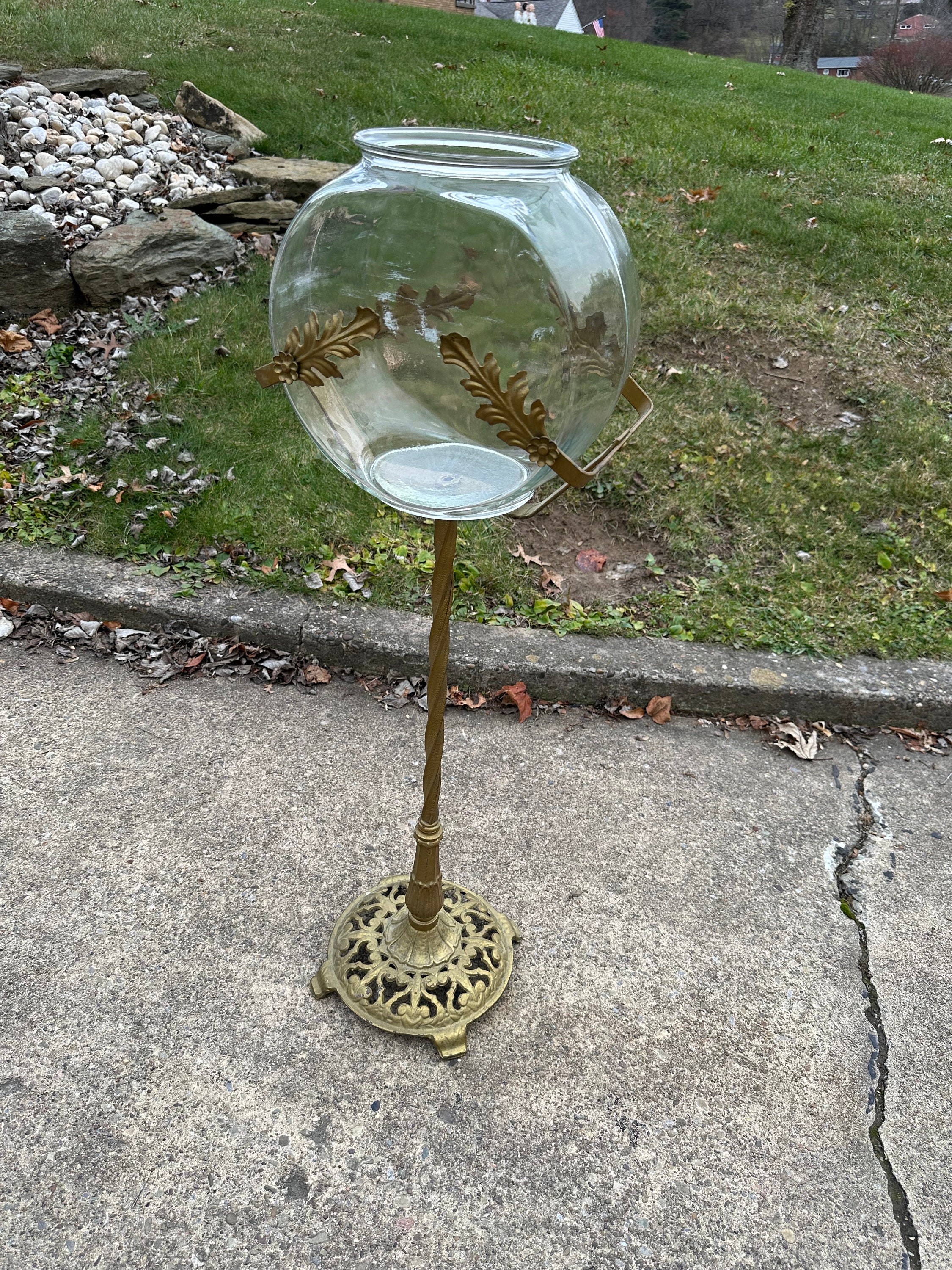 スペイン製【アンティーク魚飾金属盤】vergngene AUKtion19К 1940s Antique VTG Fish Bowl Floor Stand Cast Iron Art Deco