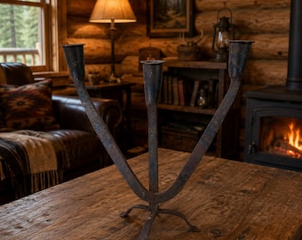 Early Hand Forged Wrought Iron 3 Arm Candle Holder Primitive Brutalist Candelabra