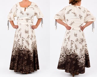Vintage 1970s Prairie Maxi Dress Cream Brown Floral Puff Sleeve Boho Cottagecore