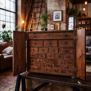 1940s Handmade Workshop Hardware Cabinet | Multi-Drawer Industrial Folk Art Storage | Vintage Wood Parts Cabinet image 1