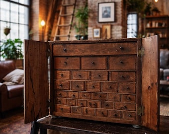 1940s Handmade Workshop Hardware Cabinet | Multi-Drawer Industrial Folk Art Storage | Vintage Wood Parts Cabinet