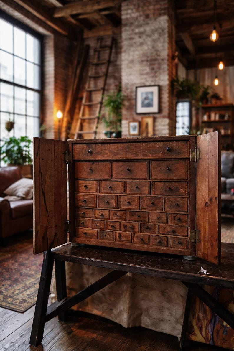 1940s Handmade Workshop Hardware Cabinet | Multi-Drawer Industrial Folk Art Storage | Vintage Wood Parts Cabinet image 1