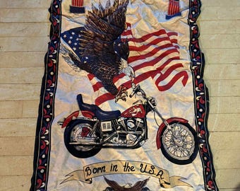 Vintage Tapestry, Born in the USA, American Flag Patriotic Biker Decor, Wall Art Harley Davidson