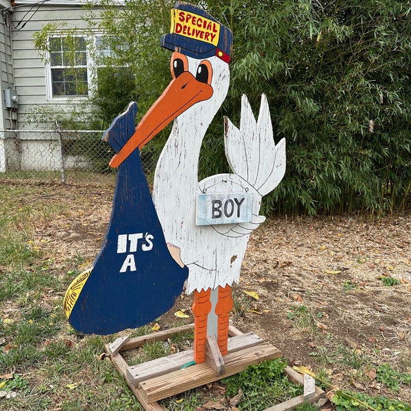 1960s Stork Sign Country Farmhouse folk art trade advertising Baby Shower Boy Girl Yard Art Zoo