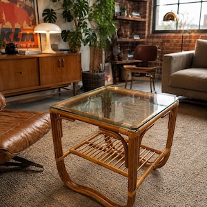 Vintage Mid Century Modern Rattan Bamboo Glass Top Side Table | Coastal Boho End Table | Wicker MCM Accent Furniture