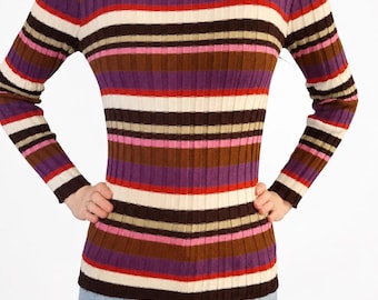 Vintage 1960s 1970s Stripe Knit Sweater Dress Mod Retro Midi Mid Century