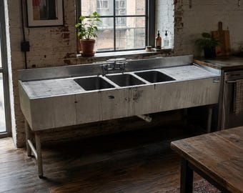Vintage Stainless Steel 3 Bay Industrial Commercial Kitchen Sink w/ Drainboards