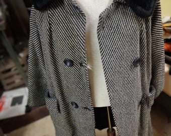 Abrigo vintage de lana en espiga blanca y negra para mujer, cuello de piel sintética, doble botonadura.