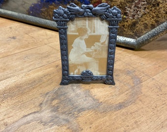 Made In West Germany Pewter Picture Frame W Woman Playing Piano Antique Victorian Black and White Office Study