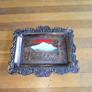 Vintage Alaska Souvenir Copper Tray, MCM Tourist Dog Lodge Cabin Decor, Japan