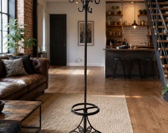 Antique Iron Hall Tree Coat Rack 1900s Industrial Entryway Stand Rustic Victorian Farmhouse Decor