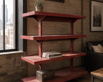 Industrial Red Metal Rolling Store Display Rack Cast Iron Wheels Factory Shelf
