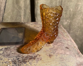 Antique Glass Boot Shape Monogram Unique Cowboy Western Ash Tray Amber