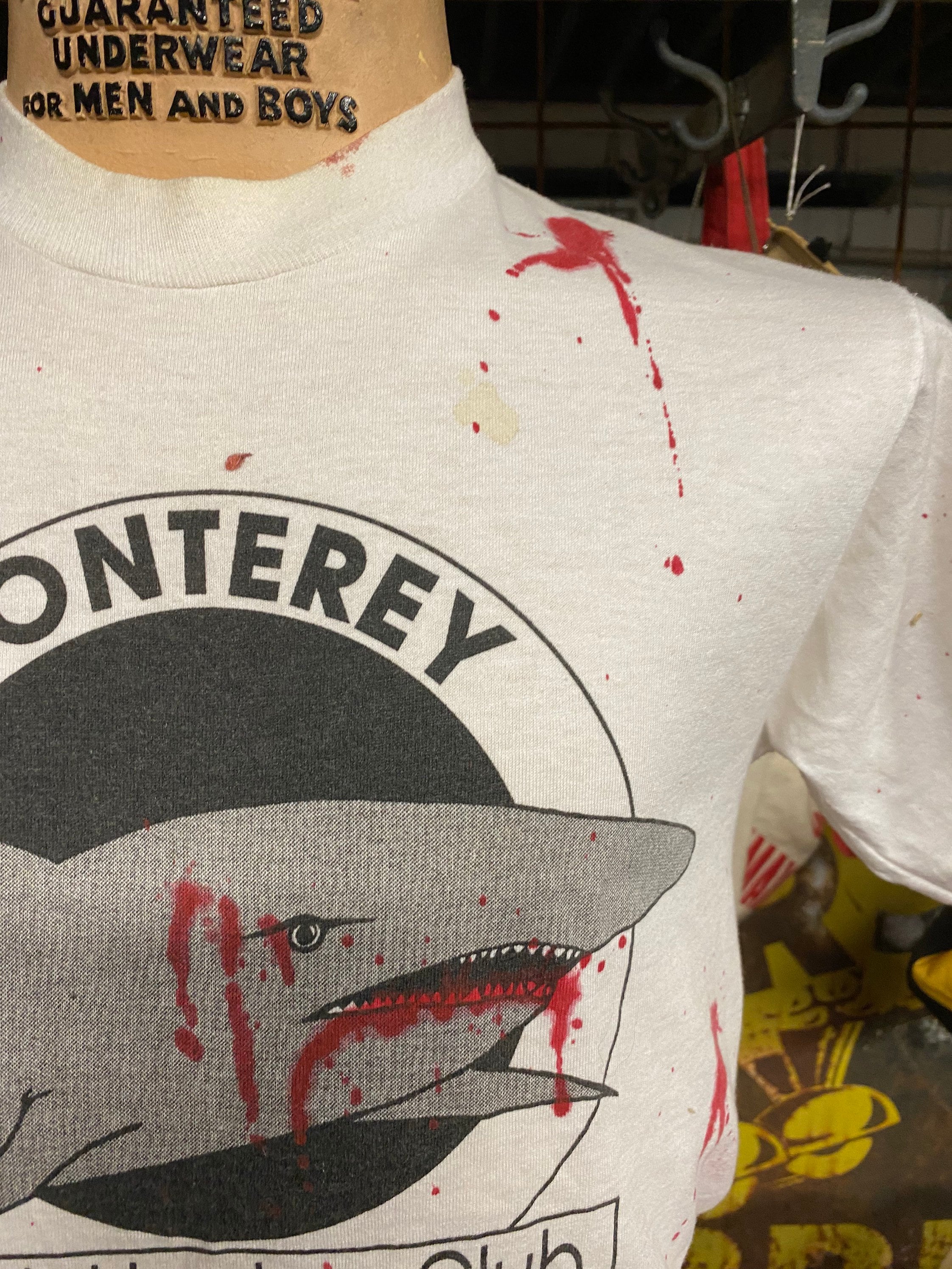 VTG 80s Shark Hunters Club Monterey Fake Blood Stained Shark Bite