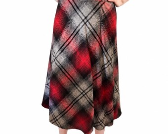 Vintage Pan-Ther Plaid Wool Blend Midi Skirt Red Black A-Line Cottagecore Retro