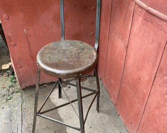 1930s Industrial Angle Iron Co Draftsman Stool Chair Metal Seat and Back Desk Kitchen Office