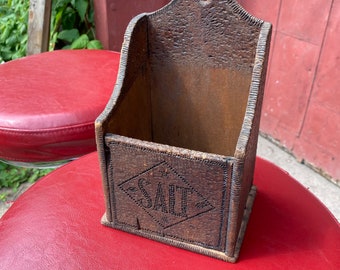 Antique Wooden Chip Art Wall Salt Spice Box Font Container Farmhouse Country