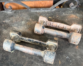 Antique Cast Iron Spring Grip Dumbbells Pair Vintage Exercise Weights Industrial Gym Decor