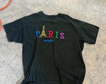 Vintage 1990's Paris, France Tourist T-shirt Men's X-Large Embroidered Eiffel Tower