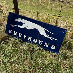 RARE 1960s Greyhound Bus Lines Sign, Painted Tin Advertising, Garage Decor