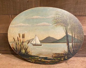 1960s Sailboat On A Lake painting of a Scenery landscape Country Farmhouse Sign Folk Art