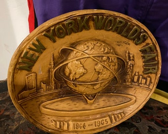 1964-1965 New York State Fair Plaque Chalkware Sign Wall Hanging Empire State Building Manhattan Brooklyn Atomic Age Mid Century