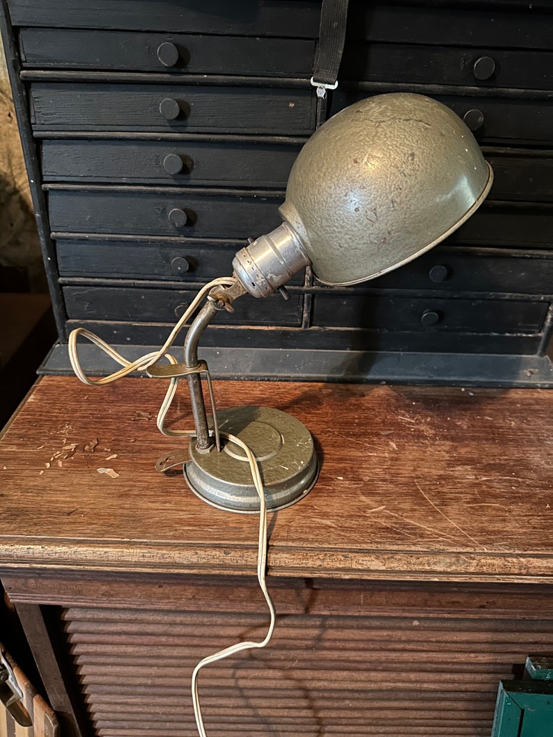 Vtg 1940s Desk Industrial Adjustable Light Fixture Drafting Task Desk Lamp Light Gray Office image 1