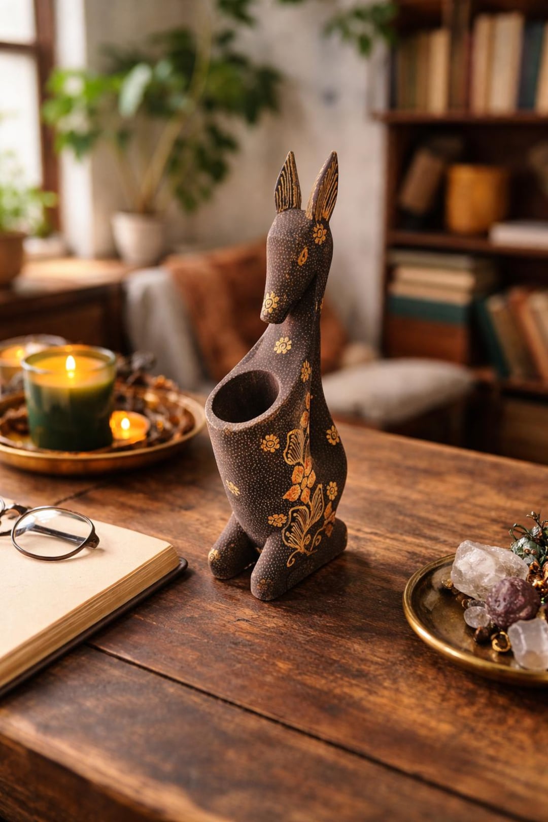 Vintage Handcrafted Batik Kangaroo Pencil Holder - Hand Carved Pule Wood Folk Art - Boho Safari Desk Office Decor - Indonesian Artisan Gift