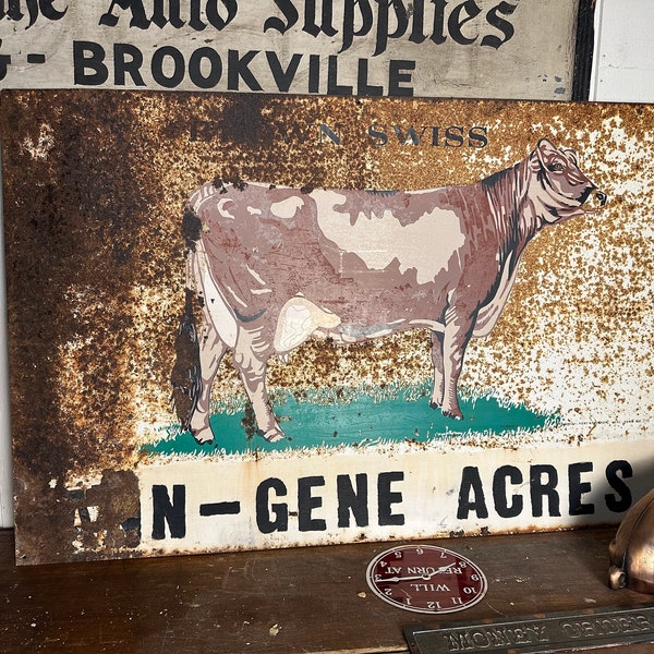 Vintage 1950s Brown Swiss Cow Sign  Country Farmhouse Kitchen Ad Milk Dairy Farm