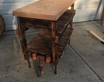 Globe Kitchen Island Steam Punk Railroad Cart Very Industrial/Rustic Butcher Block Top Shelf Addition