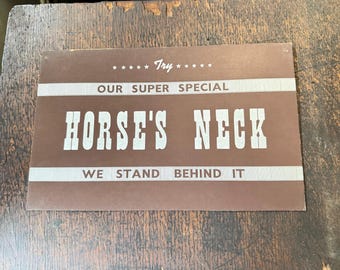 Letrero vintage de fuente de sodas Horse’s Neck, divertido menú de bebidas, exhibición de cartón para mostrador de bar, publicidad y decoración.