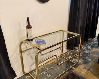 Mid Century Brass Glass Console Table Hollywood Regency Bar Sofa Table Vintage