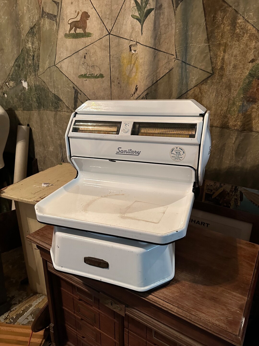 1940s Vintage Sanitary Store Deli Scale Porcelain Rare Fruits Ad Glass