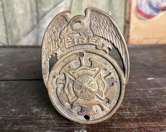 1900 Fireman Badge/Pen Grave Marker Fire Station Truck Eagle Brass Advertising