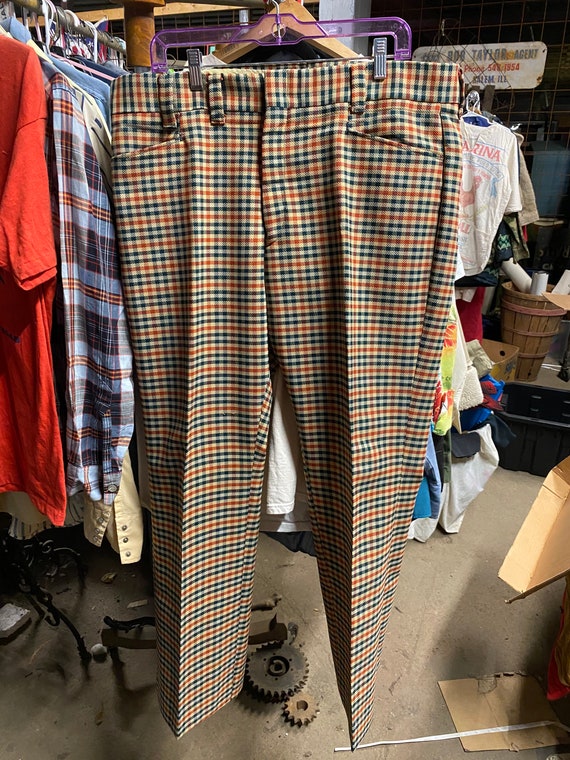 Vintage 60s 70s MW Plaid Pattern Flared Pants, Sz 