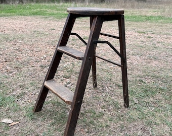 Antique J R Clark Ladder Stool 1890s - Primitive Wooden Step Stool - Rustic Country Mercantile Decor - Industrial Folding Ladder - Farmhouse