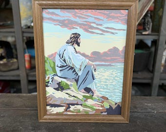 Vintage 1960s Mid Century Paint by Numbers Religious Jesus by Sea Framed Art