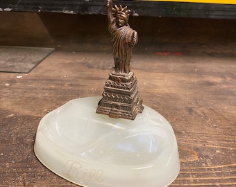 Antique 1950s Statue of Liberty Sculpture Pewter Studio Oddity Study American New York Souvenir Japan Finish Milk Glass Ash Tray