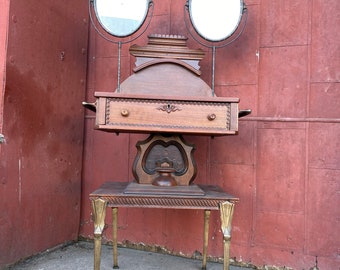 1890s Cherry W/ Brass Leg Double Mirror Shaving Stand Victorian Dressing Room Clothing Bathroom Barber Shop Koken ?