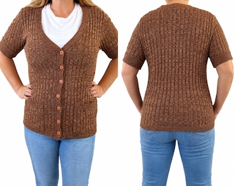 Vintage Brown Ribbed Knit Cardigan Sweater Cottagecore Grandpa Boho Style
