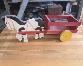 1930s Horse Drawn Wagon Folk Art, Pull Toy Hand Painted Rustic Farmhouse Decor