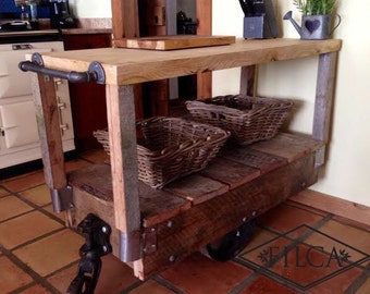 Globe Kitchen Island Steam Punk Railroad Cart Very Industrial/Rustic Butcher Block Top