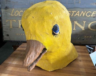 Vintage 1950s Paper Mache Duck Head Mask, Halloween Costume Prop Folk Art Decor