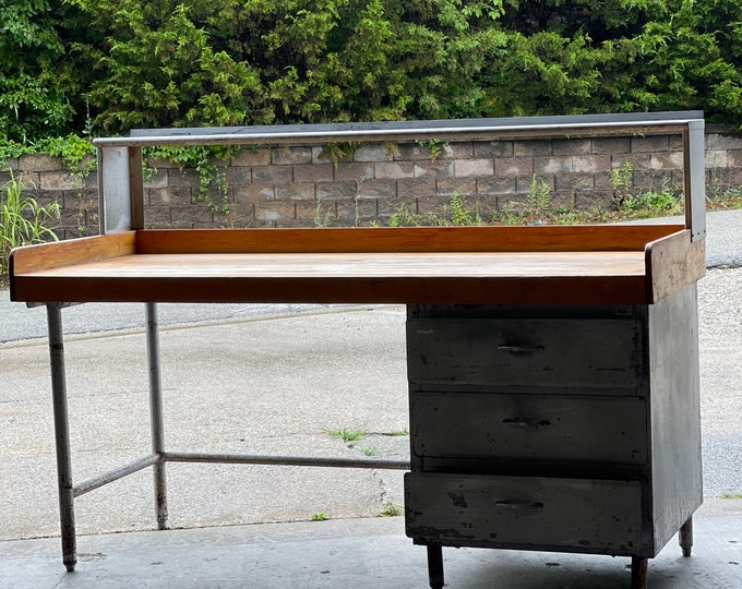 Featured listing image: 1930s Industrial Commercial Kitchen Workbench Table Farmhouse Loft Island Bar Primitive Warm Tones